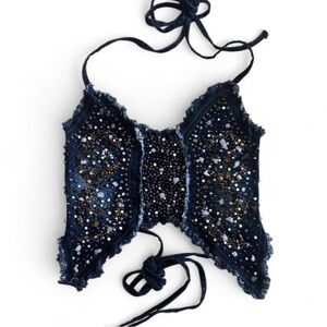 Rare Vintage Y2K Embellished Denim Hand-Beaded Corset Top XS